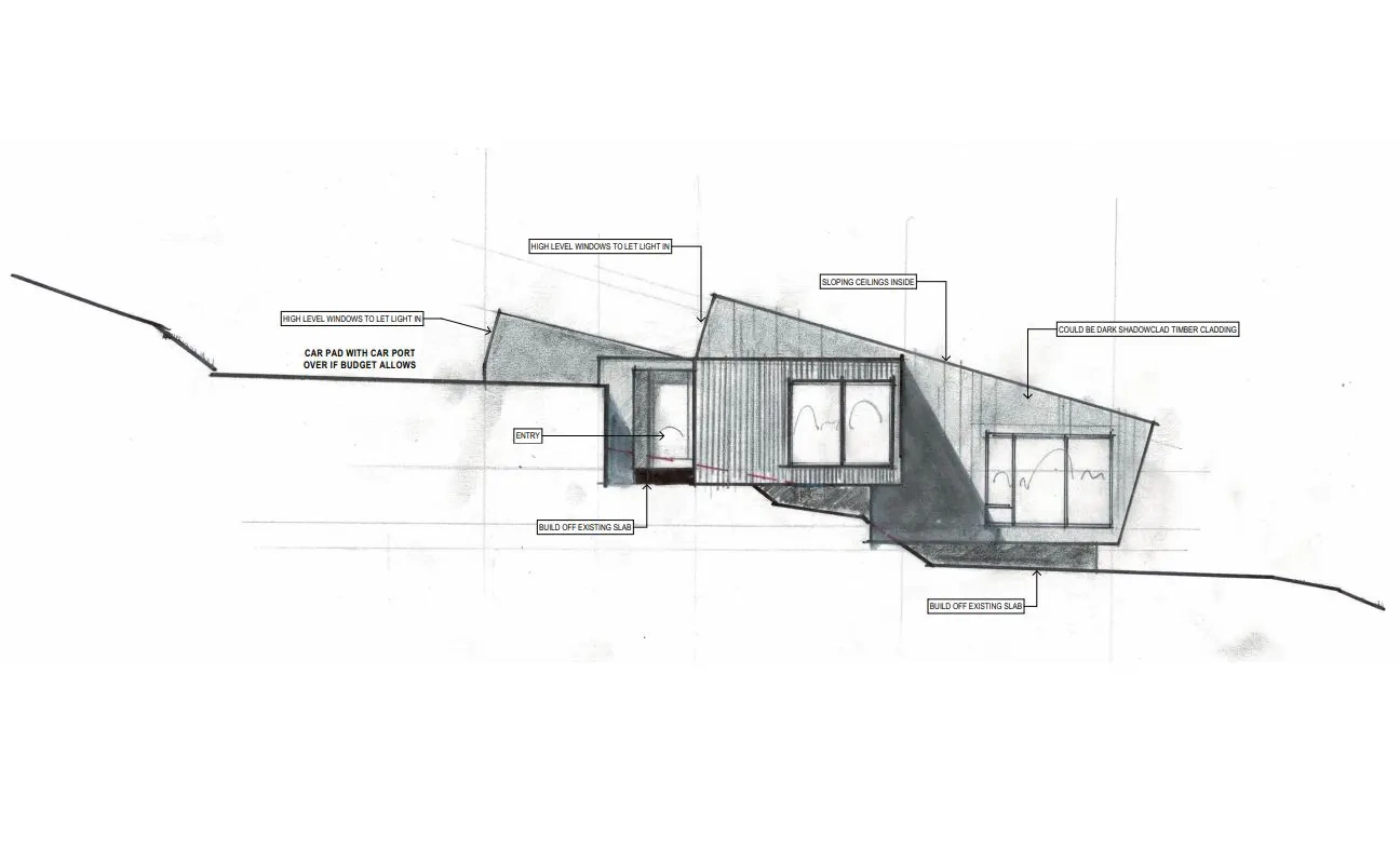 Site Architecture, new home design sketch by Don Roy. Christchurch, New Zealand.