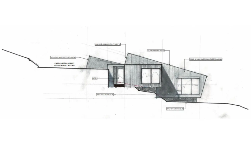 Site Architecture, new home design sketch by Don Roy. Christchurch, New Zealand.