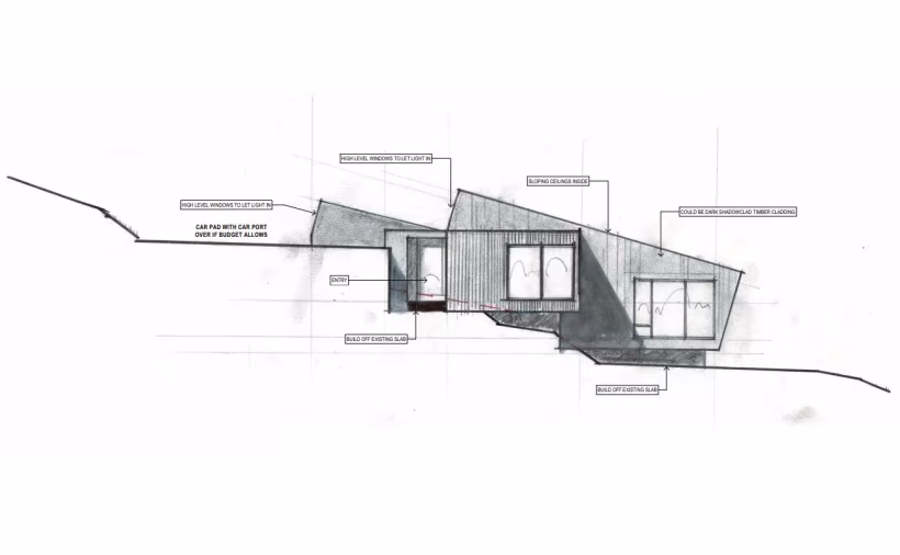 Site Architecture, new home design sketch by Don Roy. Christchurch, New Zealand.